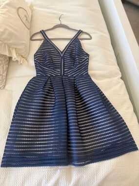 Minuet Petite Navy and Silver Striped V-Neck Fit-and-Flare Mini Dress